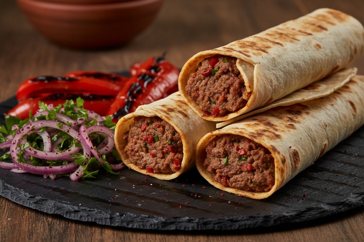 Közde pişmiş acılı Adana dürüm üçlüsü