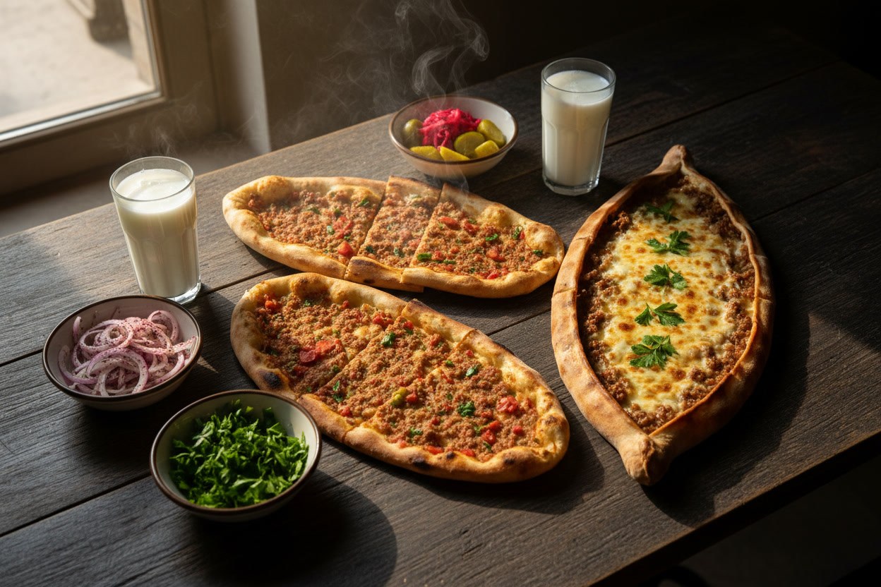Köz fırınından yeni çıkmış lahmacun, pide ve mezelerle dolu sofra