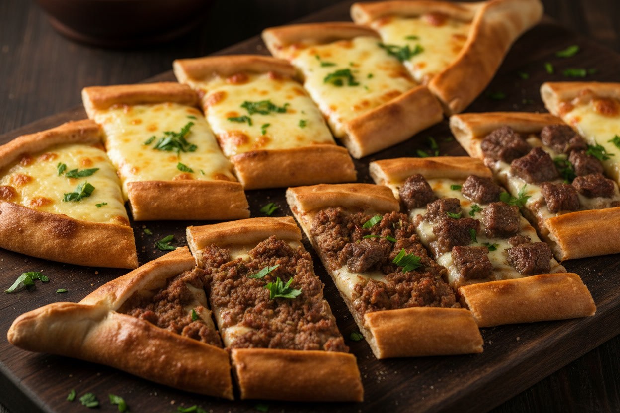 Kaşarlı, kıymalı ve kuşbaşılı karışık pide tablası