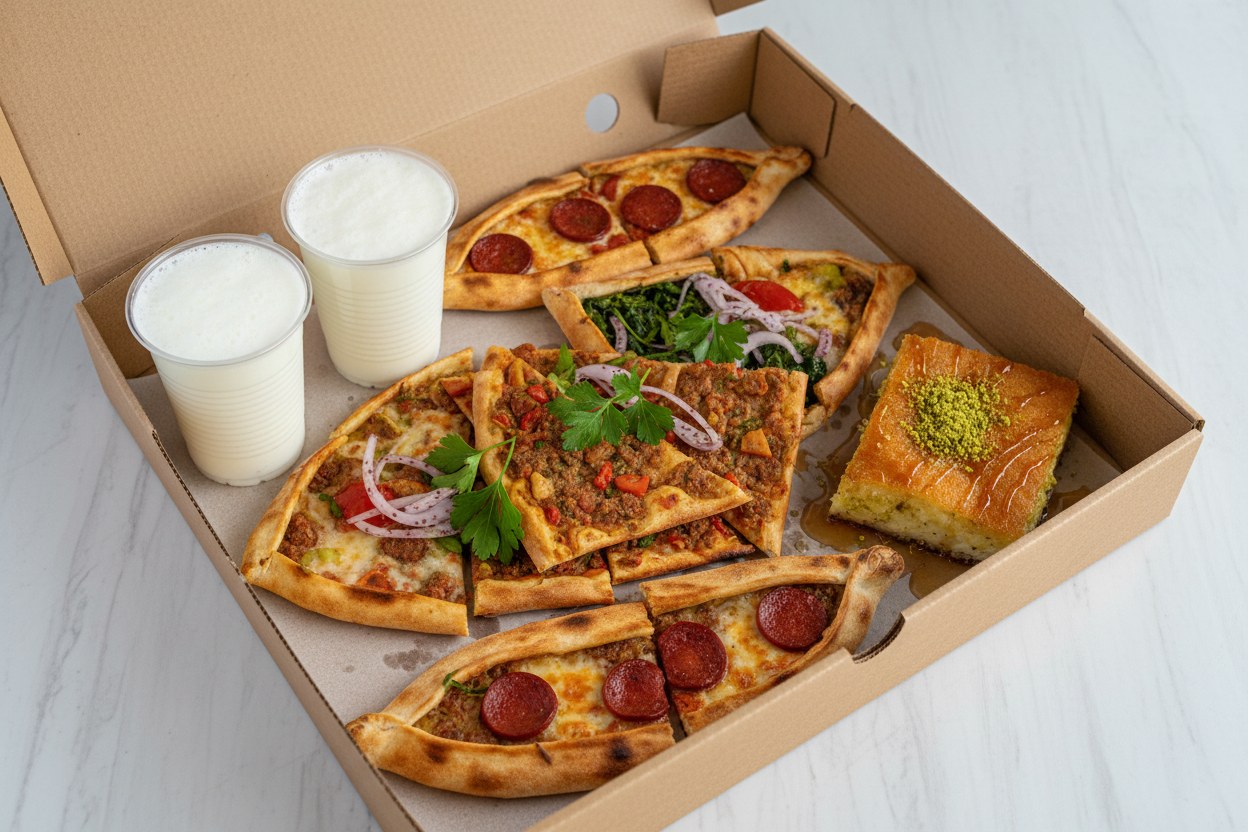 On iki porsiyonluk ofis öğle kutusu, ayran ve tatlı ile